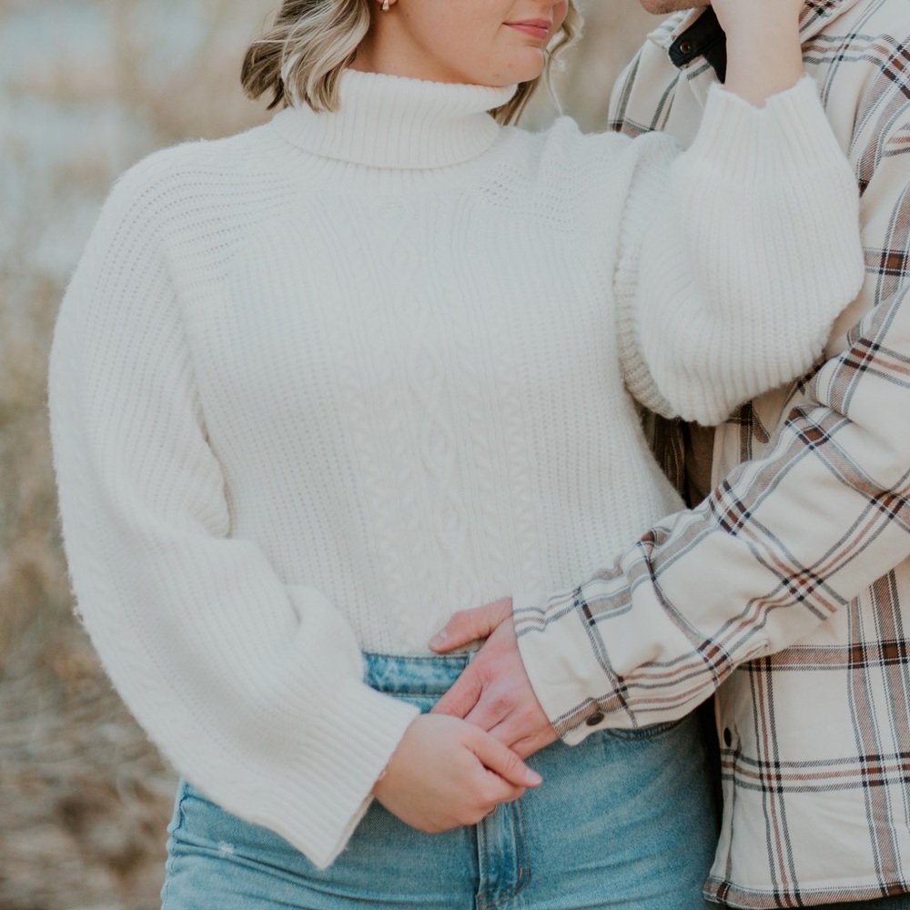 White turtle neck, knit sweater